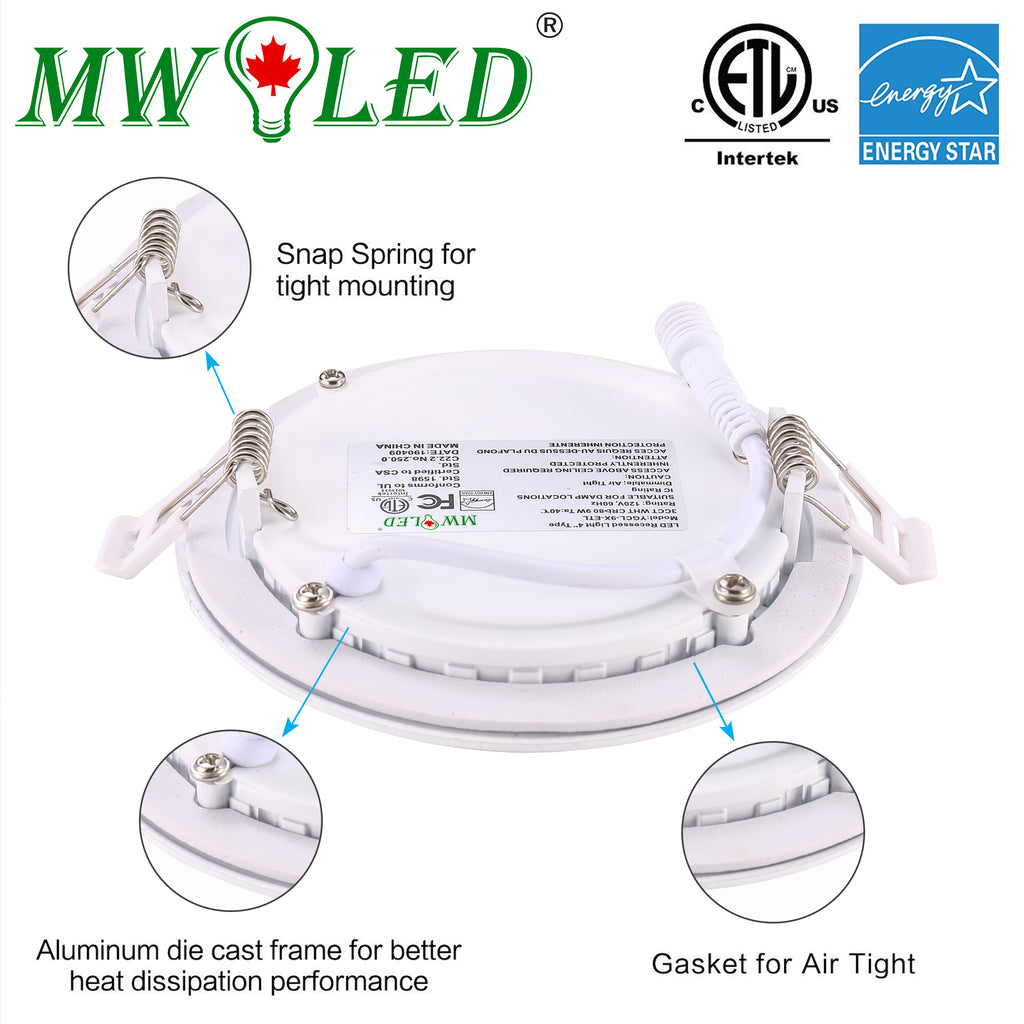 MW LED 4Inch  Recessed Slim Pot Light with Junction Box, Dimmable LED Recessed Ceiling Light/Potlight, 9W 750LM 4000K Natural White