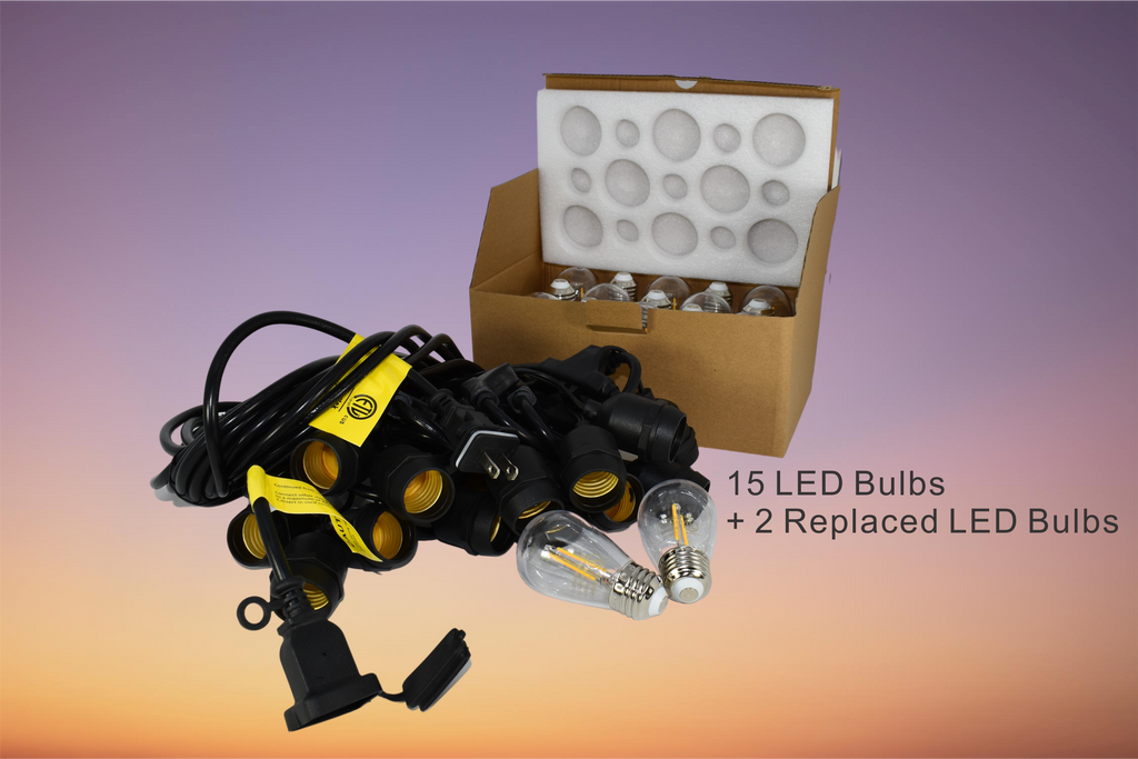 MW LED String Lights Outdoor 48ft with 15 Hanging IP65 Weatherproof Sockets and 2W LED 2700K S14 LED Bulbs,ETL Listed