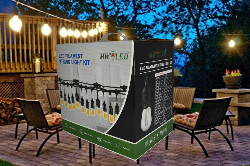 MW LED String Lights Outdoor 48ft with 15 Hanging IP65 Weatherproof Sockets and 2W LED 2700K S14 LED Bulbs,ETL Listed