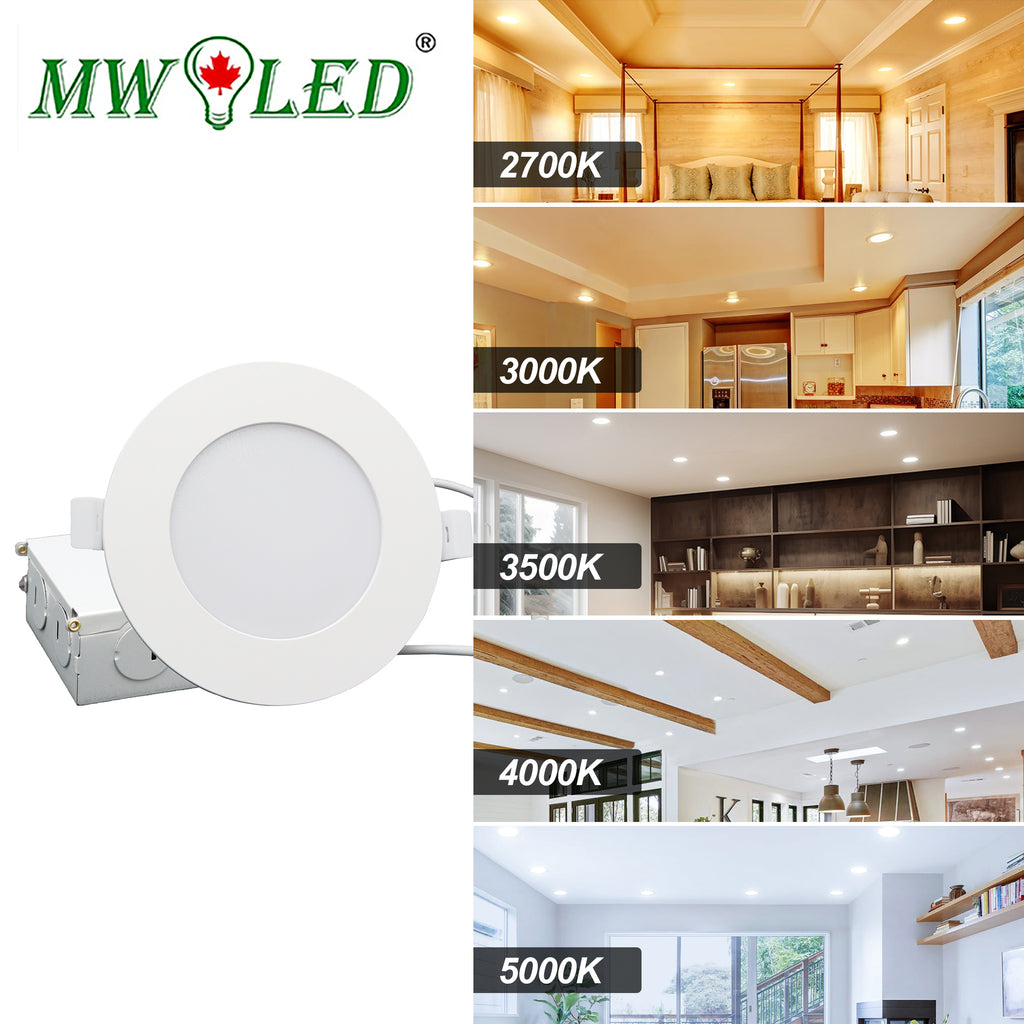 MW LED 4 Inch Dimmable LED Slim Pot Light , 9W 810LM 5CCT (2700K/3000K/3500K/4000K/5000K) Adjustable ETL Listed IC Rated Wet Locations