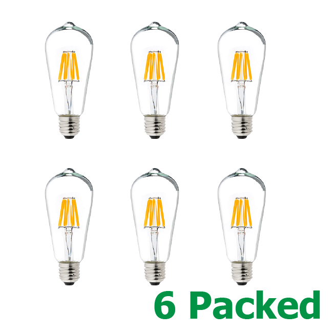 MW ST21(ST64) 6 Packed LED Edison Light Bulb Filament Vintage Classic Light Bulb E26 Base 6 Watt(60W Equivalent) for Home Restaurant, 2700K,Warm White