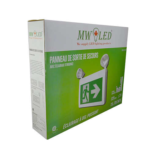MW LED Exit Sign CM-316 Running Man Thermoplastic Sign Combo Emergency Light LED with 2 Heads*LED 2W x 2, Left Right Battery Backup for 120 Minutes 120v/347v Universal mounting CSA Listed (CM-316)
