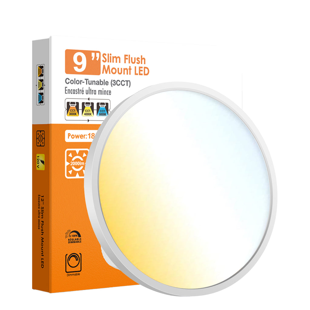 MW LED 9 Inch 18W LED Dimmable Flush Mount Ceiling Light 3CCT Color Selectable: 3000K/4000K/5000K 1400Lm 120V Low Profile Disk Lamp IC Rated Suitable for Damp Locations ETL Listed
