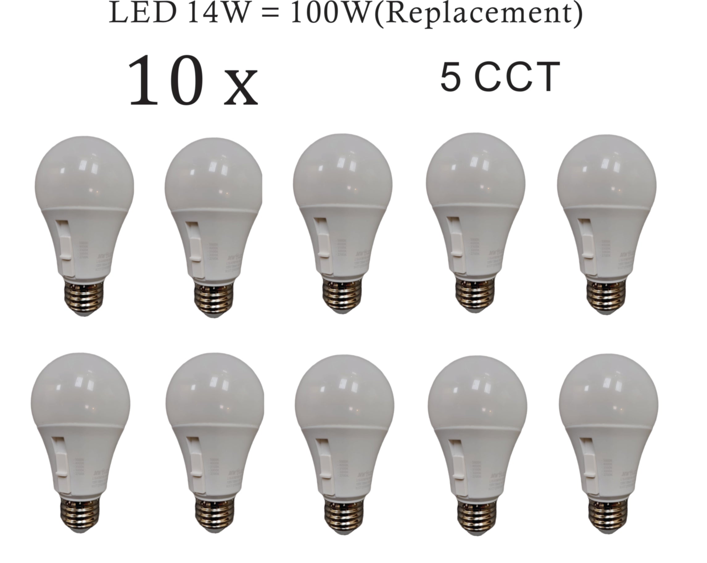 MW LED A19 Dimmable LED Bulb, Color Selectable, 14W (100W Equivalent), 1600 Lumens, 2700K, 3000K, 4000K, 5000K, 5CCT, Flicker Free, UL Listed (10-Pack)