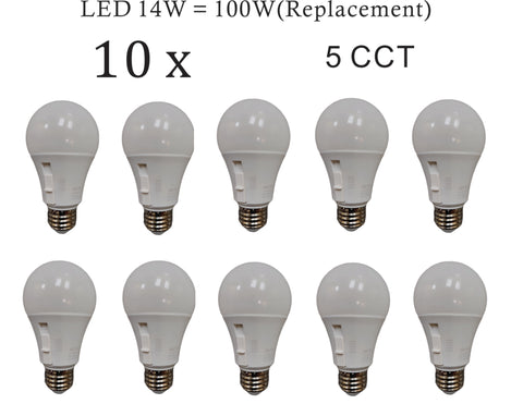 MW LED A19 Dimmable LED Bulb, Color Selectable, 14W (100W Equivalent), 1600 Lumens, 2700K, 3000K, 4000K, 5000K, 5CCT, Flicker Free, UL Listed (10-Pack)