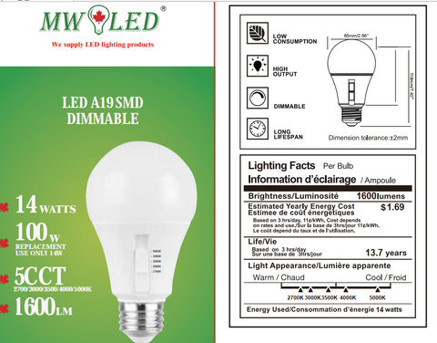 MW LED A19 Dimmable LED Bulb, Color Selectable, 14W (100W Equivalent), 1600 Lumens, 2700K, 3000K, 4000K, 5000K, 5CCT, Flicker Free, UL Listed (10-Pack)