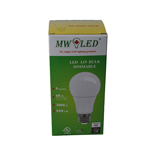 MW LED 9W LED A19 E26 Bulb CUL-Listed Dimmable (60-Watt Equivalent), 800 Lumens, Medium Screw Base, 350° Beam Angle - (10 Packed) Daylight 5000K)