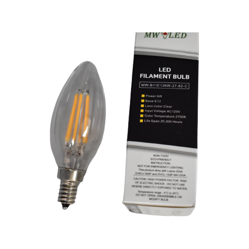MW LED 6-Packed B11 Filament Bulb 6W (60W Equivalent) 600 Lumens E12 Candelabra LED 2700K Warm White Candle Light Bulbs