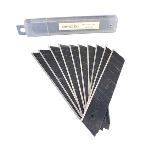 MW LED 18mm Snap-Off Blades 10-Pack , Quality Black Carbon Steel, Sharper, Replacement Blade for 18mm Box Cutter & Utility Knife.