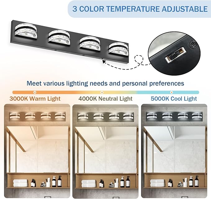 MW LED Bathroom Light Fixtures Over Mirror, 4 Lights Vanity Lights for Bathroom, 20W Modern Bathroom Vanity Light Fixtures 3CCT Color Temperature 3000K/4000K/5000K, Black Bathroom Led Vanity Lights Dimmable