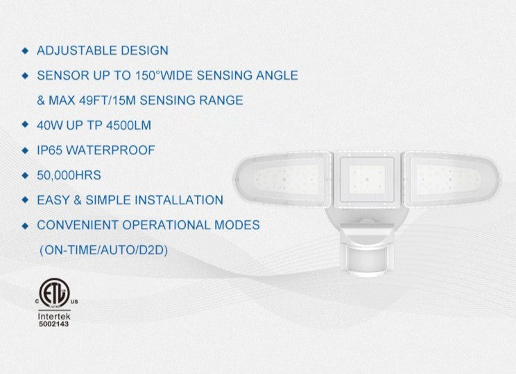 MW LED Motion Sensor Outdoor Flood Light, 40W Ultra Bright 4500LM, 5000K Waterproof LED 3-Head Security Light, Dusk to Dawn Mode, ETL Certified