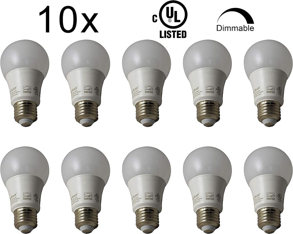 MW LED 9W LED A19 E26 Bulb CUL-Listed Dimmable (60-Watt Equivalent), 800 Lumens, Medium Screw Base, 350° Beam Angle - (10 Packed) Daylight 5000K)