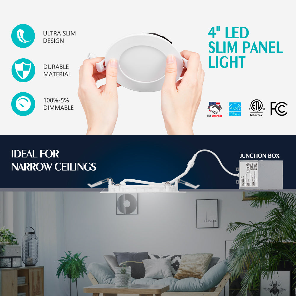 MW LED 4 Inch  Recessed Slim Pot Light with Junction Box, Dimmable LED Recessed Ceiling Light/Potlight, 9W 810LM 3000/4000/5000K(Multi CCT)