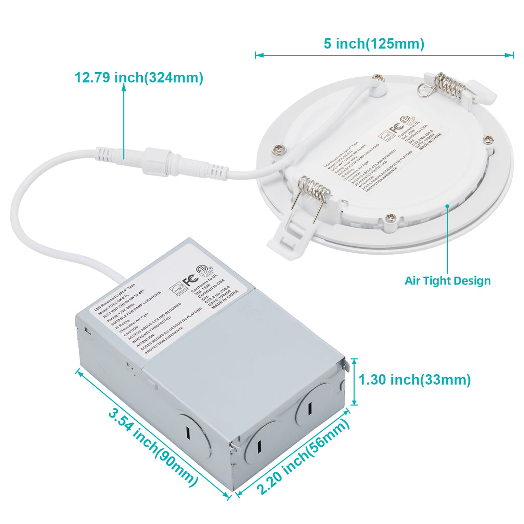 MW LED 4 Inch  Recessed Slim Pot Light with Junction Box, Dimmable LED Recessed Ceiling Light/Potlight, 9W 810LM 3000/4000/5000K(Multi CCT)