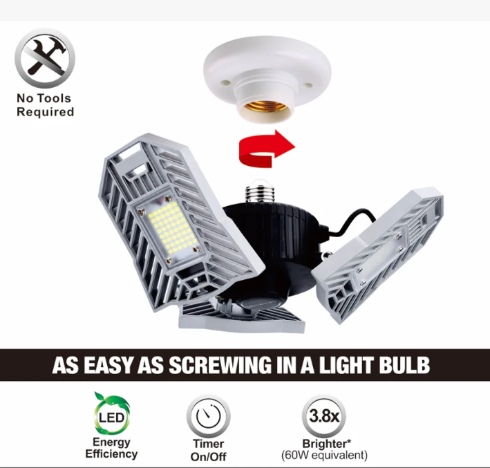 MW LED Garage Lights 60W - 6000LM 6500K Deformable Ceiling Lighting Fixture with 3 Adjustable Panels - E26/E27 Led Light for Garage, Basement, Workshop, Barn, Warehouse, Yard, ETL Approved