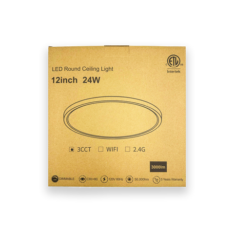 MW LED 12 Inch 24W LED Dimmable Flush Mount Ceiling Light 3CCT Color Selectable: 3000K/4000K/5000K 3000Lm 120V Low Profile Disk Lamp IC Rated Suitable for Damp Locations ETL Listed