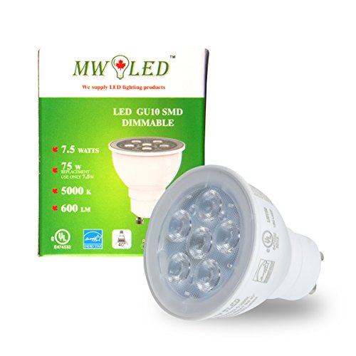 MW LED 7.5W Dimmable GU10 LED Light Bulb, 75W Incandescent Replacement Energy Star UL-Listed Spotlight, Track Lighting, Recessed Light, 600lm, 40 Degree Beam Angle 5000K Daylight