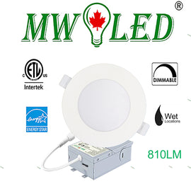 MW LED 4 Inch Dimmable LED Slim Pot Light , 9W 810LM 5CCT (2700K/3000K/3500K/4000K/5000K) Adjustable Energy Star ETL Listed IC Rated Wet Locations