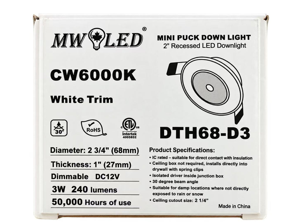MW LED Mini Puck Down Light,CW6000K, 2" Recessed, for Bedroom/Hallway/Office Lighting