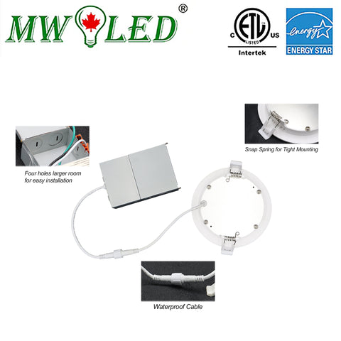 MW LED 4 Inch Dimmable LED Slim Pot Light , 9W 810LM 5CCT (2700K/3000K/3500K/4000K/5000K) Adjustable Energy Star ETL Listed IC Rated Wet Locations