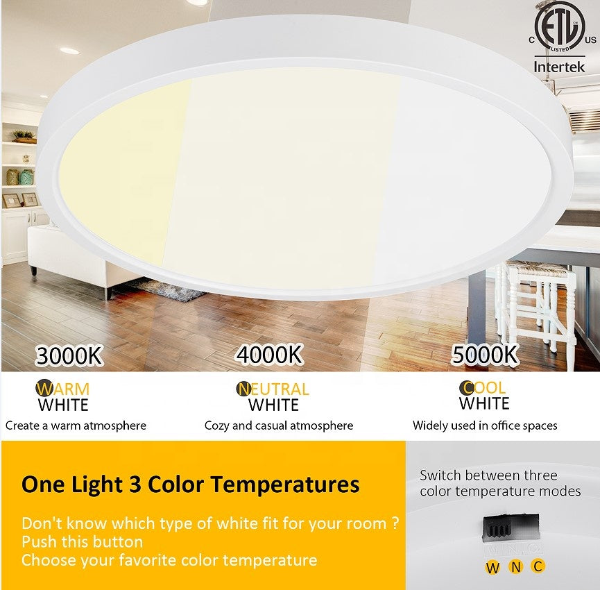 MW LED 12 Inch 24W LED Dimmable Flush Mount Ceiling Light 3CCT Color Selectable: 3000K/4000K/5000K 3000Lm 120V Low Profile Disk Lamp IC Rated Suitable for Damp Locations ETL Listed