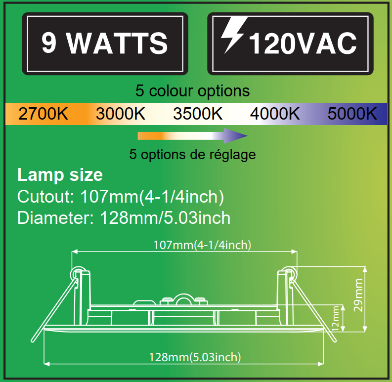 MW LED 4 Inch Dimmable LED Slim Pot Light , 9W 810LM 5CCT (2700K/3000K/3500K/4000K/5000K) Adjustable ETL Listed IC Rated Wet Locations