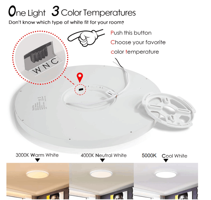 MW LED 12 Inch 24W LED Dimmable Flush Mount Ceiling Light 3CCT Color Selectable: 3000K/4000K/5000K 3000Lm 120V Low Profile Disk Lamp IC Rated Suitable for Damp Locations ETL Listed