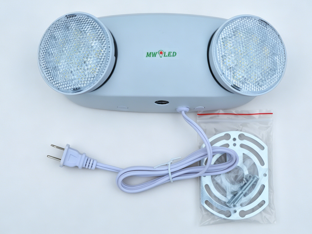 MW LED Emergency Lights with Battery Backup, Fixtures for Business Home Power Failure Emergency Exit Sign Lighting with 43 Chin Plug in Cord, Adjustable Two Heads, AC120V Input, CSA Listed