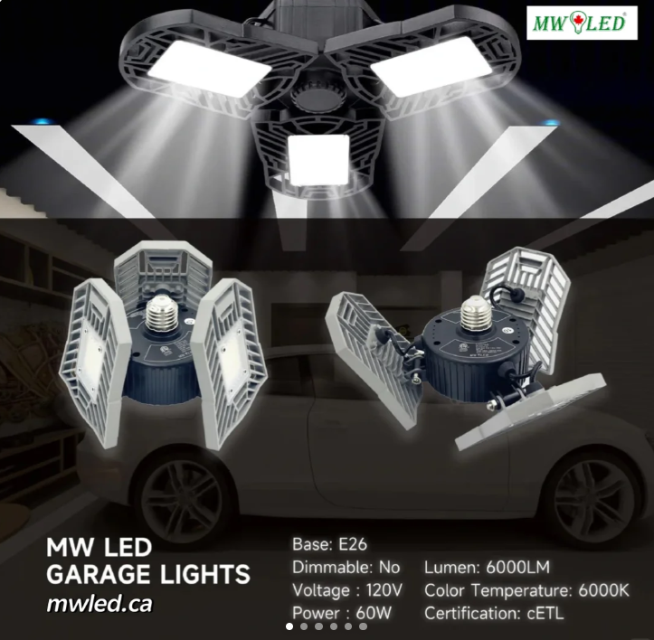 MW LED Garage Lights 60W - 6000LM 6500K Deformable Ceiling Lighting Fixture with 3 Adjustable Panels - E26/E27 Led Light for Garage, Basement, Workshop, Barn, Warehouse, Yard, ETL Approved