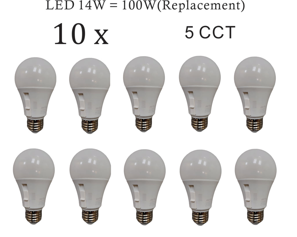 MW LED A19 Dimmable LED Bulb, Color Selectable, 14W (100W Equivalent), 1600 Lumens, 2700K, 3000K, 4000K, 5000K, 5CCT, Flicker Free, UL Listed (10-Pack)