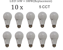MW LED A19 Dimmable LED Bulb, Color Selectable, 14W (100W Equivalent), 1600 Lumens, 2700K, 3000K, 4000K, 5000K, 5CCT, Flicker Free, UL Listed (10-Pack)
