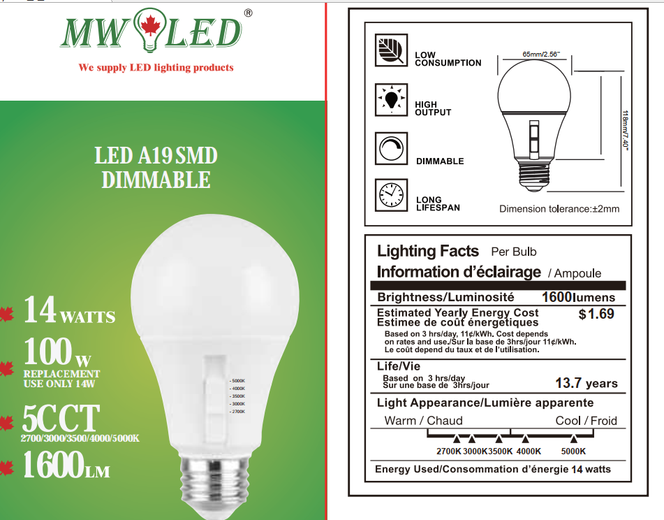 MW LED A19 Dimmable LED Bulb, Color Selectable, 14W (100W Equivalent), 1600 Lumens, 2700K, 3000K, 4000K, 5000K, 5CCT, Flicker Free, UL Listed (10-Pack)