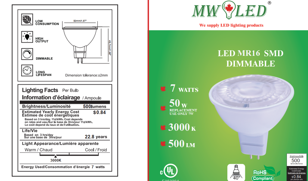 MR16 LED Light Bulb, 50W Incandescent Replacement Spotlight, 3000K Warm White