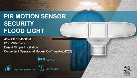 MW LED Motion Sensor Outdoor Flood Light, 40W Ultra Bright 4500LM, 5000K Waterproof LED 3-Head Security Light, Dusk to Dawn Mode, ETL Certified